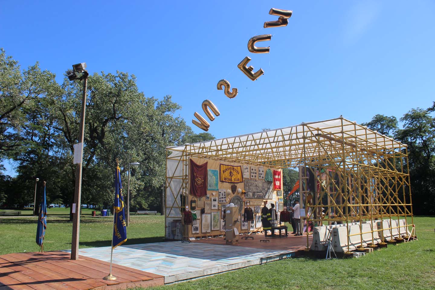 Faheem Majeed, Floating Museum, (Chicago, IL), Summer 2016, Floating Museum Pavilion at Calumet Park Chicago, 2016, Mixed Media. Image courtesy of the artist.