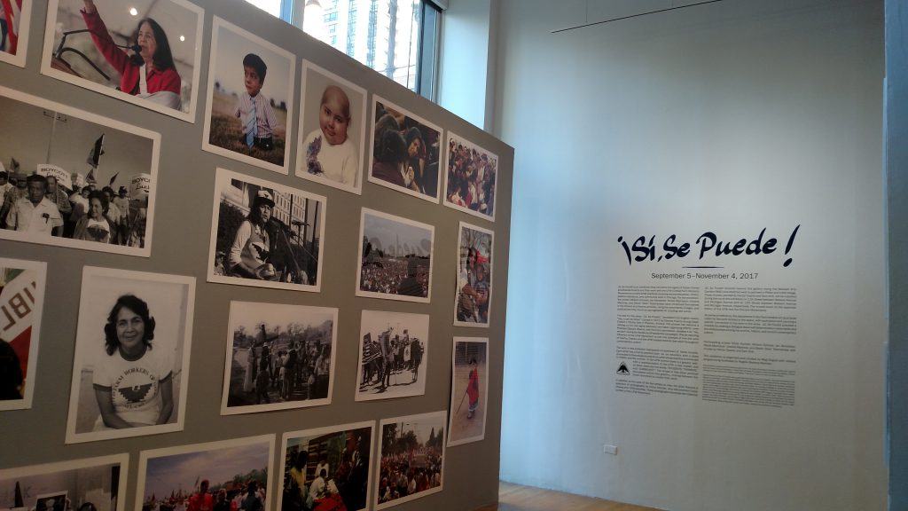Photo of two walls showing several portraits and events from the UFW and wall text for the show ¡Sí, Se Puede! 