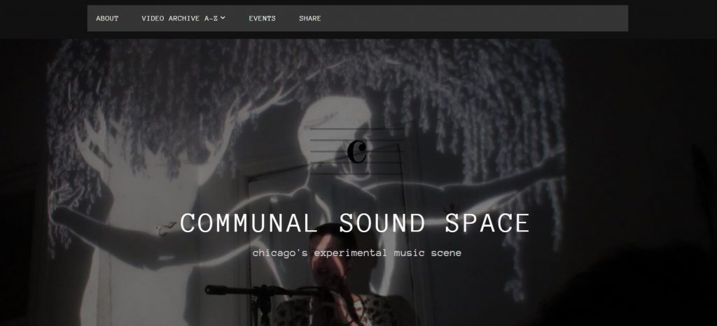 The landing page of Communal Sound Space features images of performances that capture the visual experience of a DIY show. Here, Emme Williams performs as Fastness at The Compound in Little Village.