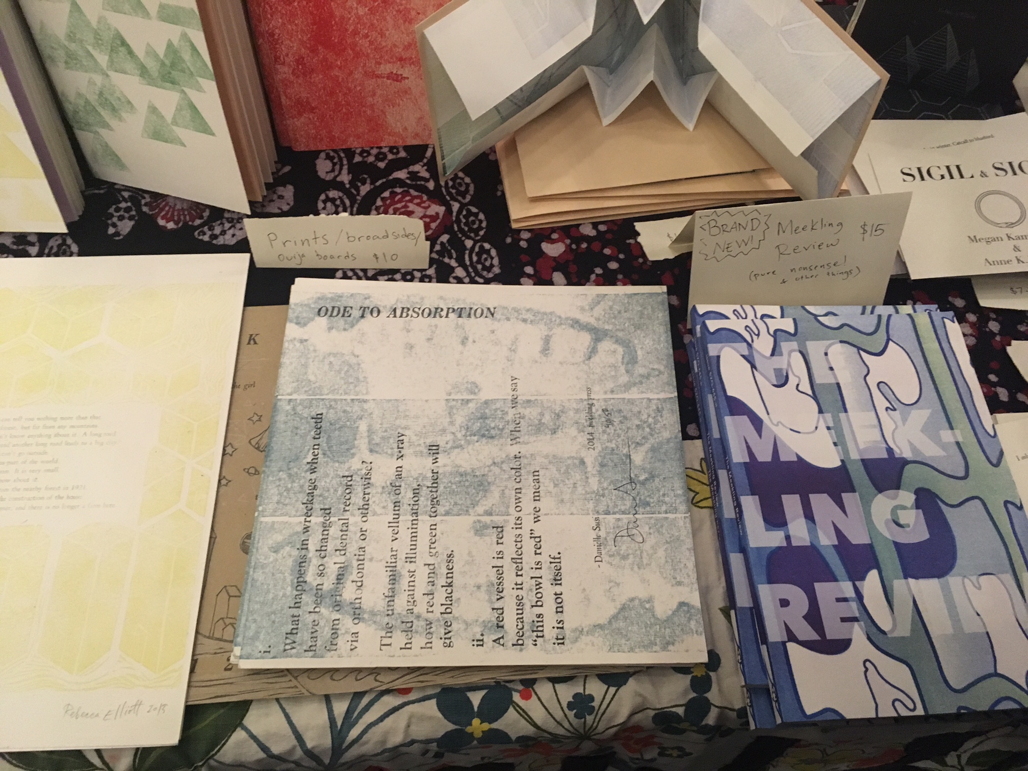 Items from the Meekling Press table at the Chicago Art Book Fair.