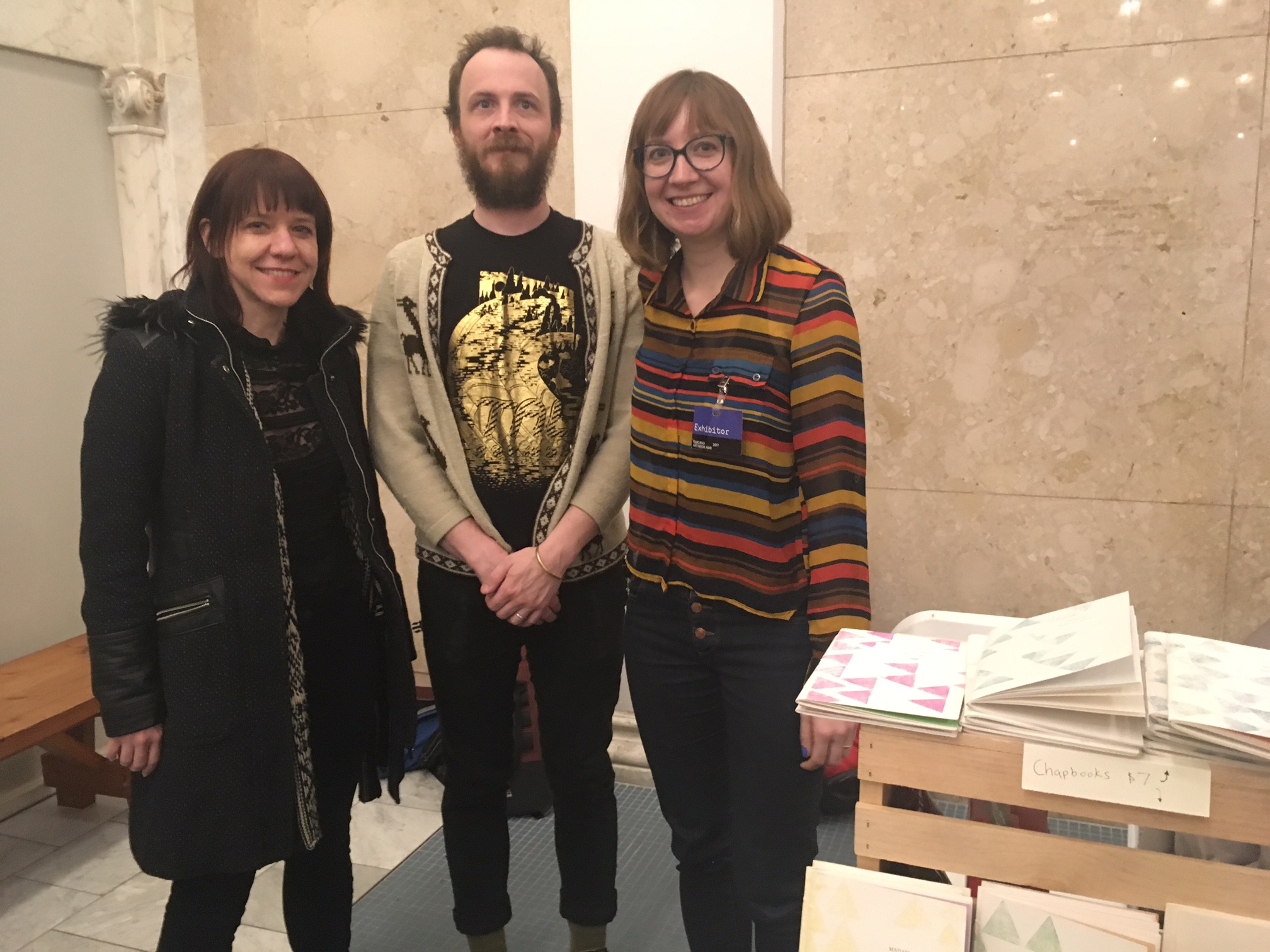 Meekling Press founders from right to left: Anne Yoder, Nicholas Davis, and Rebecca Elliot at the Chicago Art Book Fair.