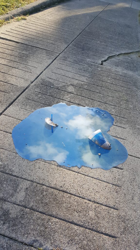 An above-view of a concrete sidewalk, with sunshine and shadows and a patch of grass at the top left corner. On the sidewalk is a small puddle-like object with parts of a styrofoam cup sinking into it. The puddle has a reflection of blue sky and clouds. 