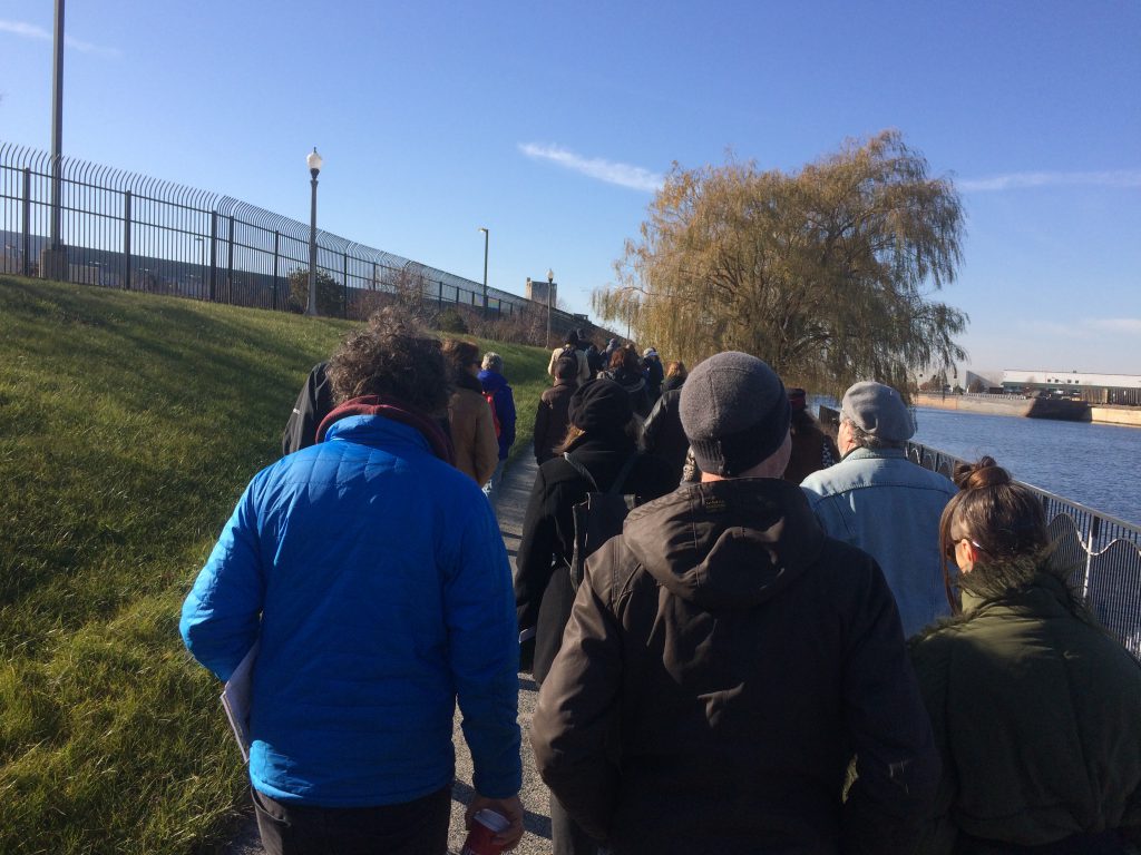 Deep Time Chicago and friends walk through Canal Origins Park on a warm December morning. Photo: Nina Wexelblatt
