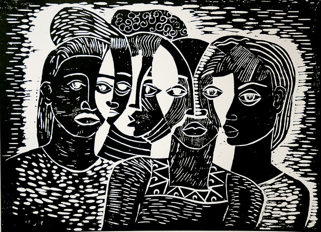 A black and white illustration of four women, all from the chest up, standing closely together. Parts of their faces overlap with shared eyes. 
