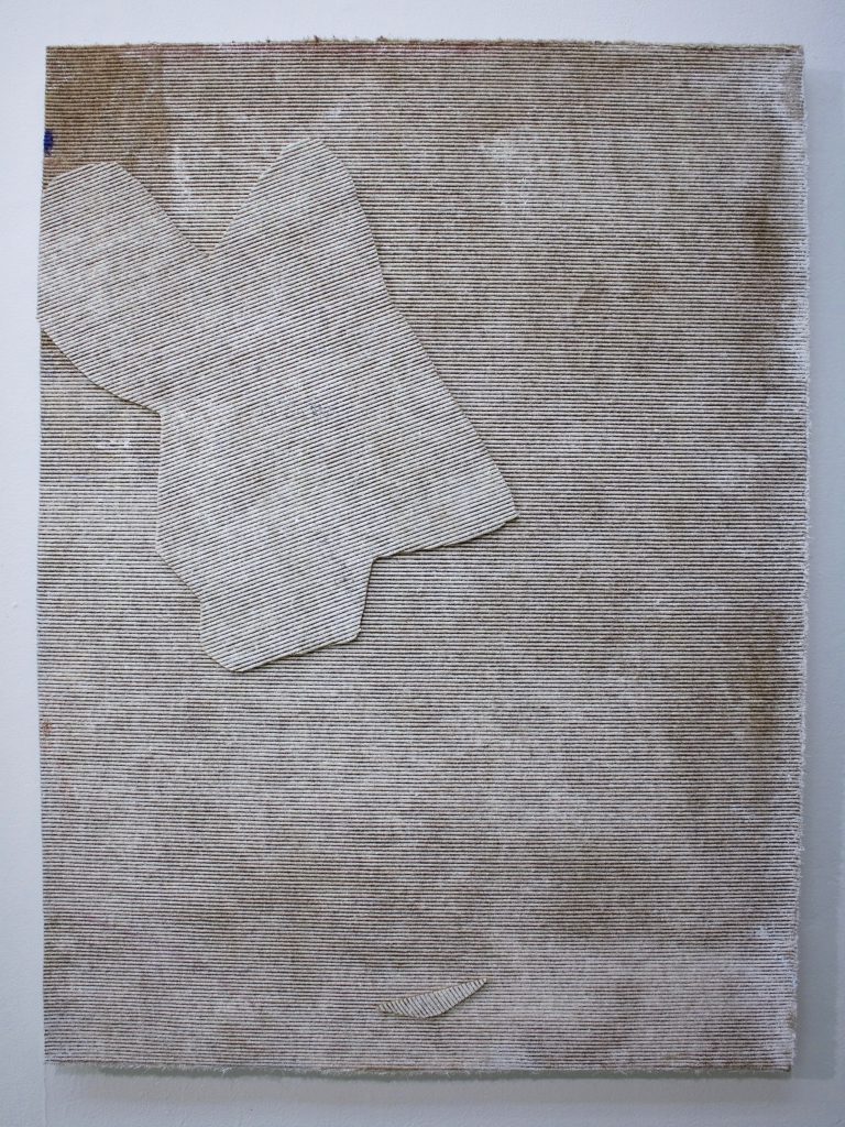 Befall, found white painted carpet on panel, 2017.