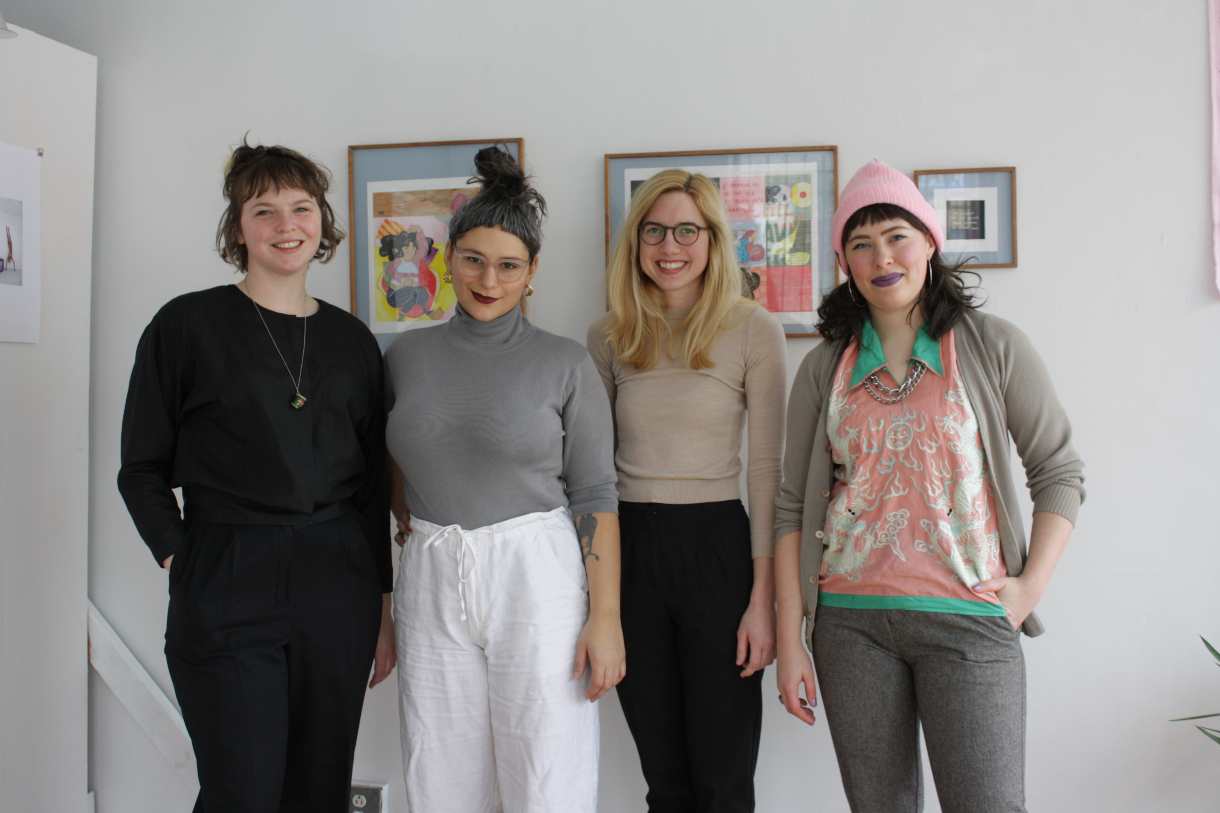 Hume Chicago is a storefront gallery space run by women and queer artists. Here, Katy Albert, Fontaine Capel, Caroline Walp, and Krystal DiFronzo stand together in the gallery space. Photo by Hannah Siegfried