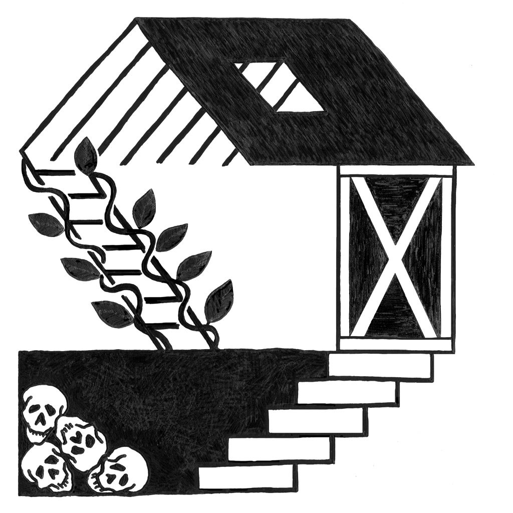 A hand-drawn illustration by Jenny Schriber that accompanies the chapbook, “The Attic, The Basement, The Barn.” The drawing depicts, using bold lines of black marker on a white page, a simple three-level structure in a sort of cross-section. The basement has four skulls in the corner and its stairs to the ground floor end at a door with an x-frame. Leafy vines wrap around a ladder that leads to an attic- or loft-like space that has a skylight and visible rafters. Courtesy of Jenny Schriber.
