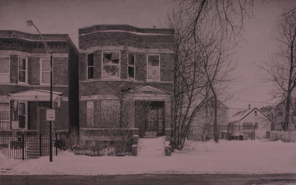 Jennifer Cronin, “What was Once a Home (South Laflin Street),” 2015. Carbon pencil on toned paper, 11” x 19.5”. Image of a brick two-flat building with broken and boarded windows, graffiti on the entrance, and unshoveled snow covering the entryway and sidewalk. Beside it is another brick house and a street lamp, and on the other side of the two-flat is an empty plot with bare trees, and beyond the plot are more houses in the background. Image courtesy of the artist.