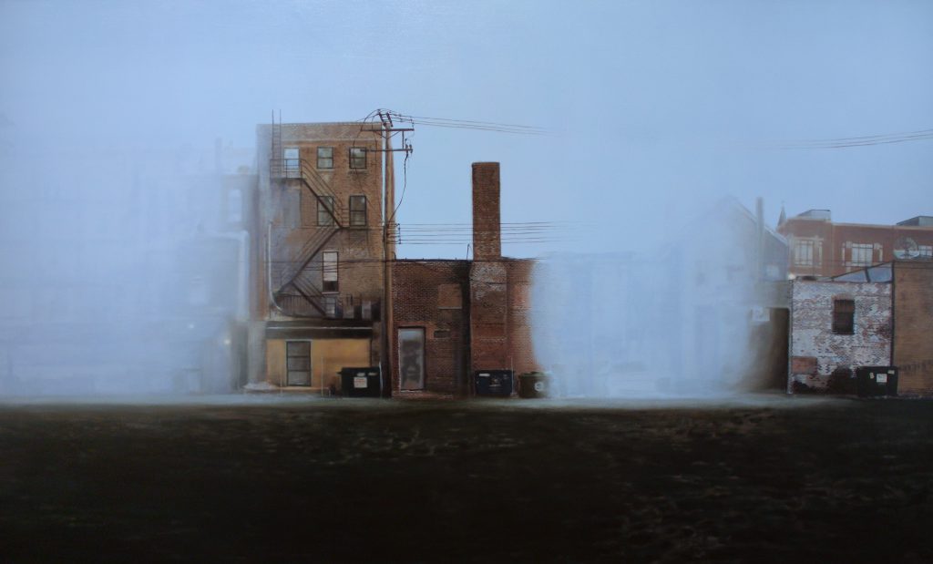 Jennifer Cronin, "Perception of What May Not Be #2," 2013. Oil on canvas, 36" x 60". Image of the backs of brick, low-lying contiguous buildings with fire escape, back doors, dumpsters, power lines, and faded paint in an urban landscape. Parts of the landscape are occluded by an optical haze that merges with the sky in the background. Image courtesy of the artist.