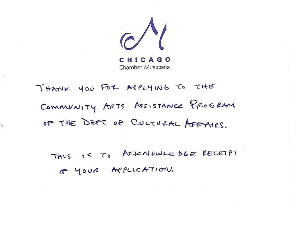 Handwritten confirmation of receipt of DCASE application. Image courtesy of the artist.