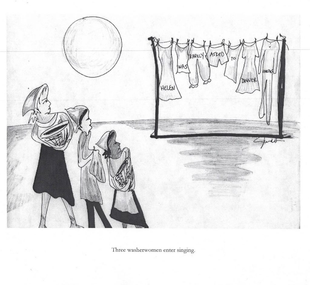 Sketch of the opening scene of Rotogravure. Three women stand in front of a clothesline with various articles of clothing pinned to it. Printed on the clothing are the words, “Helen was rarely asked to dinner parties.” Illustration by Janet Arvia. Image courtesy of the artist. 