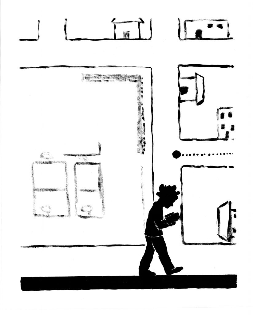 The image is a whole page from the book. Toward the bottom of the page, a young boy in silhouette walks in profile while looking down at his open book; a bold black line runs across the bottom of the page under his feet. The background or superimposition is a child’s (his) drawing of a map in aerial view, showing streets, basketball courts, and buildings (drawn straight-on, not aerial), as well as a dotted line along a street that leads to a larger dot at an intersection.
