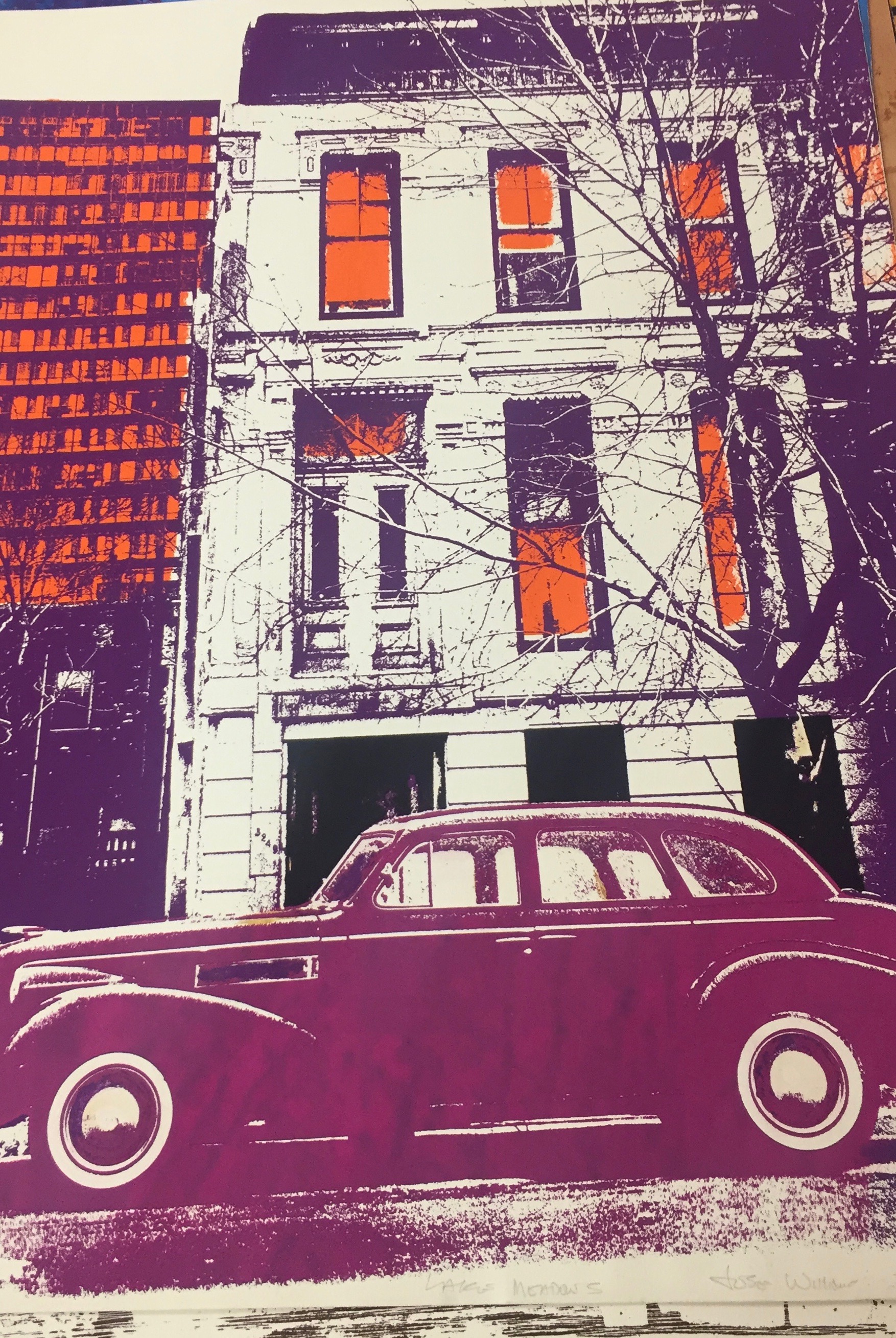 Jose Williams. “Lake Meadows,” 1975. An old-fashioned coupe parked in front of a tall apartment building, portrayed in whites, oranges, and purples. Illinois Institute of Technology, Paul Galvin Library, Special Collections .