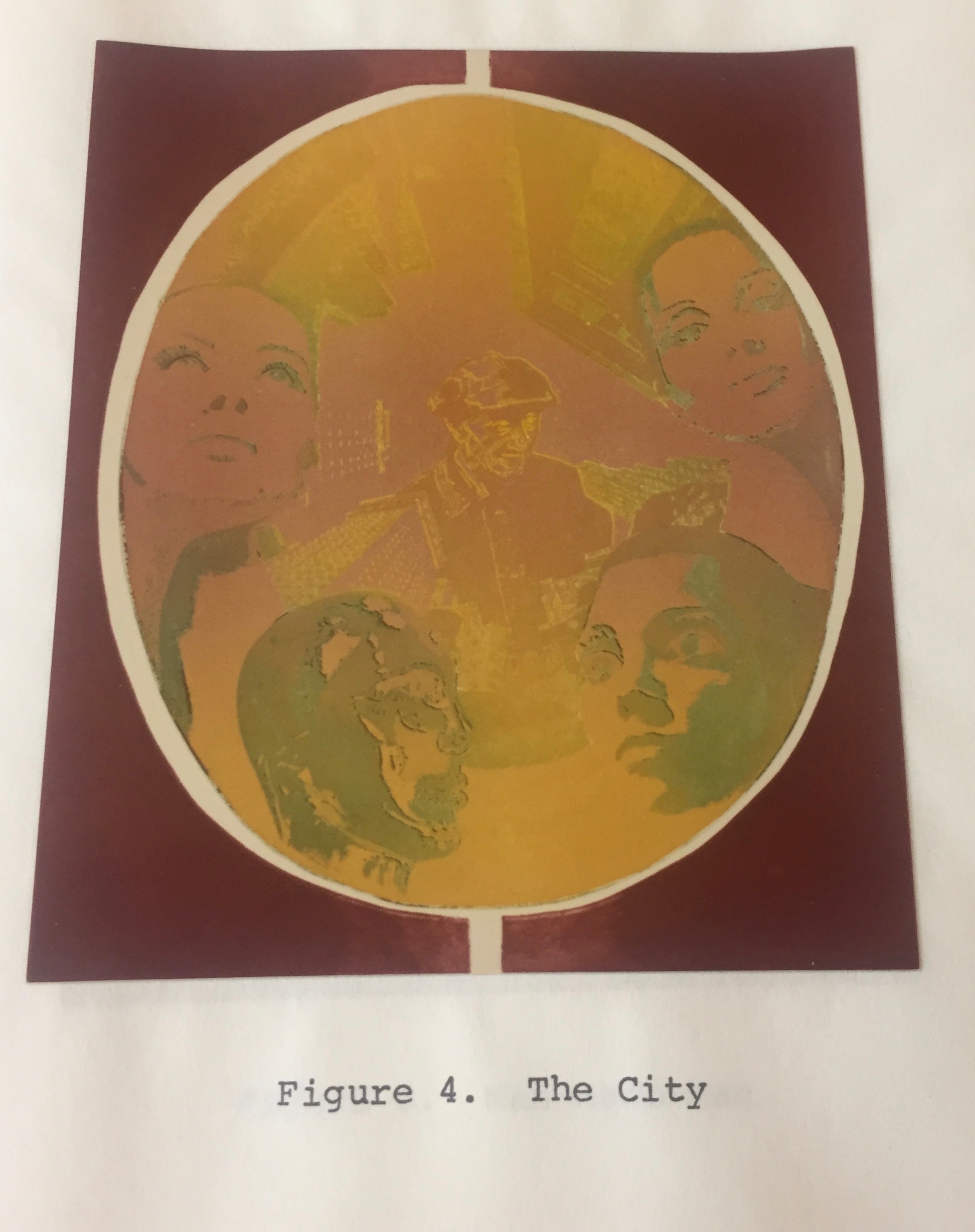 Valeerat Burapavong. “The City” 1975. The faces of magazine models peer through a golden circle surrounded by a red square shape. Below the image are the words "Figure 4. The City." Courtesy of Illinois Institute of Technology, Paul Galvin Library, Special Collections.