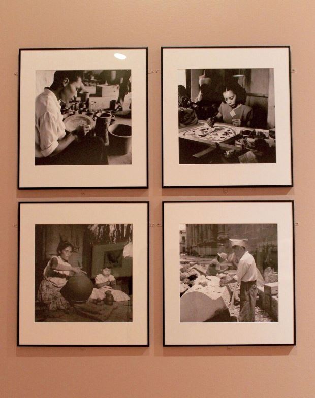 Four black and white photographs by Robert Natkin showing a ceramicist, costume maker, embroiderer, and a mason worker all engaged in their craft in Mexico. Image by Melissa Patiño Cervantes.