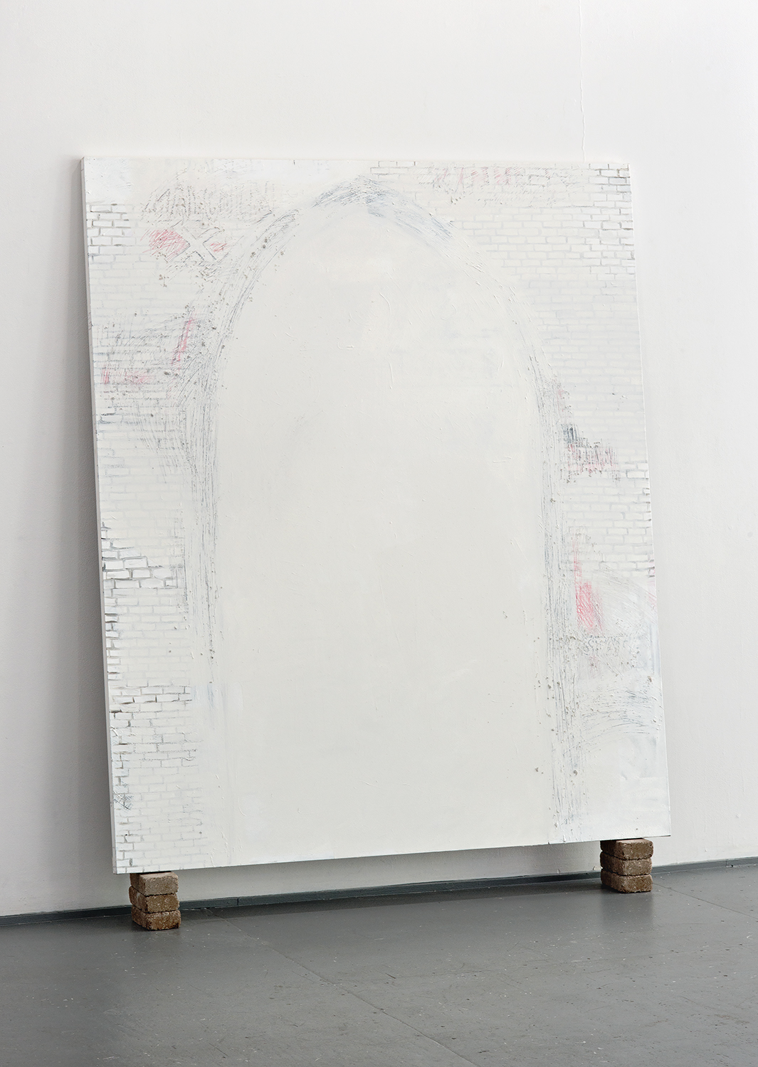 Panel from Whitewashed: All of Mankind by Haerim Lee. A large textured white canvas shows the outline of an arch. The white paint inside the arch is thicker and more opaque. The area surrounding the arch replicates the texture of whitewashed brick with paint starting to flake away. Image courtesy of Greg Ruffing. 