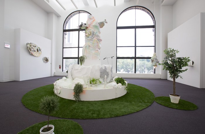 Installation view of "here and there pink melon joy," Sabina Ott, 2014, presented at the Chicago Cultural Center. Image credit: Claire Britt.