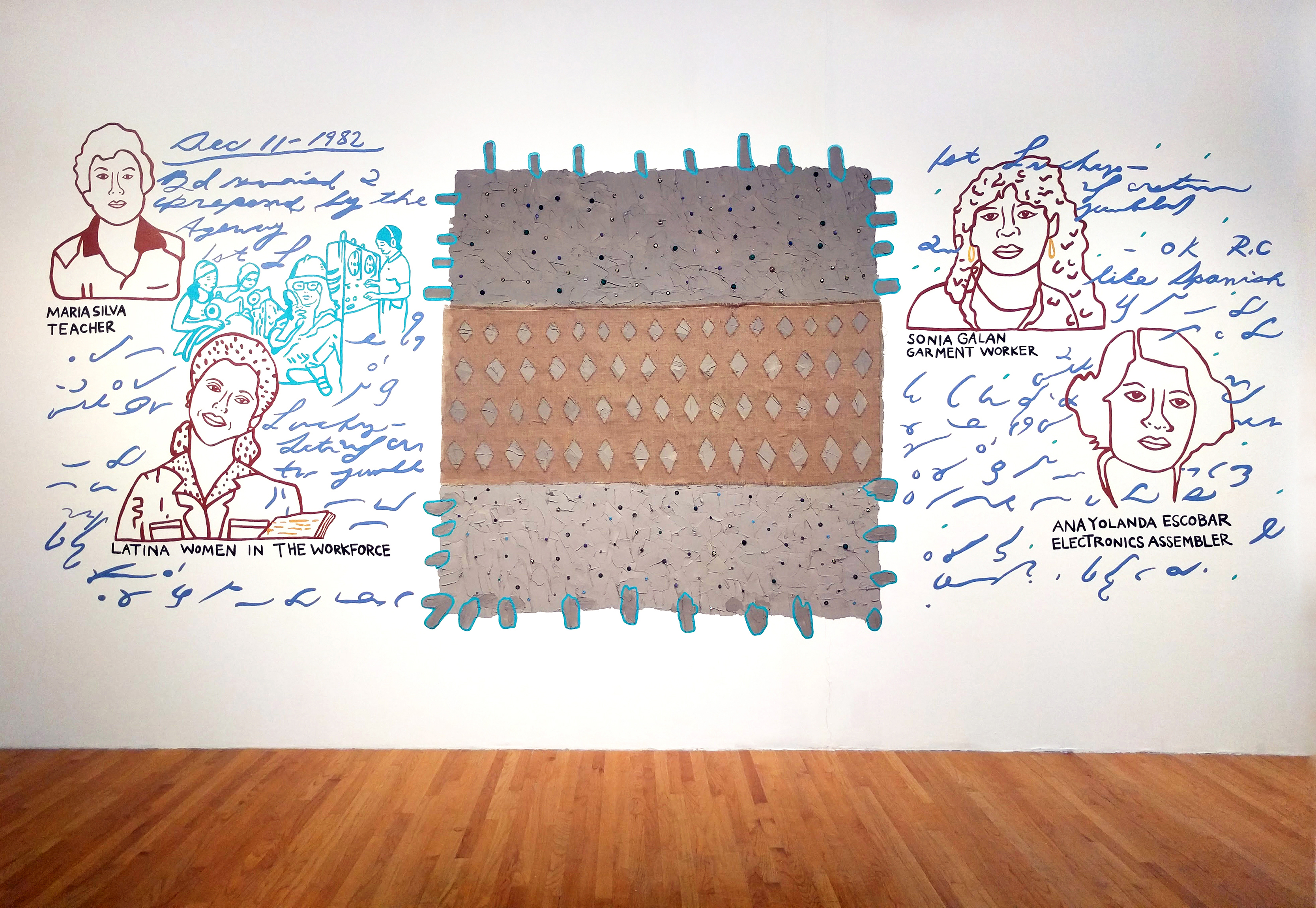 “Where is you spirit now?,” 2017. Installation responding to the United Farm Workers archives from Wayne State University in Glass Curtain Gallery at Columbia College Chicago. Graphic portraits of women workers are painted in a minimal line drawing style onto the wall. The images are surrounded by handwriting and marks painted in blue and surround a brown and gray rectangular textile alternating geometric patterns and colors in three parts.