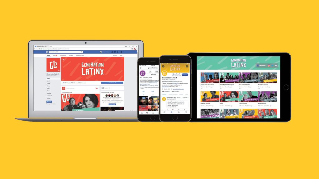 This image is an illustration showing a laptop, two phones, and a tablet against a solid yellow background. Each device displays a different Generation LatinX social media platform: Facebook, Instagram, Twitter, and YouTube, including thumbnails of 12 videos. Across the platforms and designs, the backgrounds, graphical designs, text, and text-blocks are colored with bright red, yellow, green, purple, and white, as well as blue-grey.