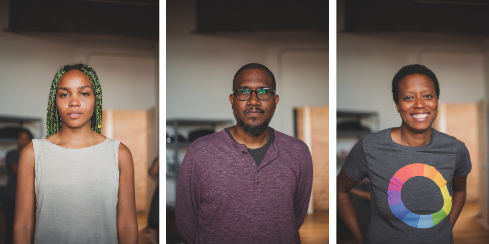 Image: Three separate close-up portraits of Shani Crowe, Andres L. Hernandez, and Amanda Williams in a studio at Bridgeport Art Center. The three of them are standing and looking directly into the camera. Photo by Ally Almore.