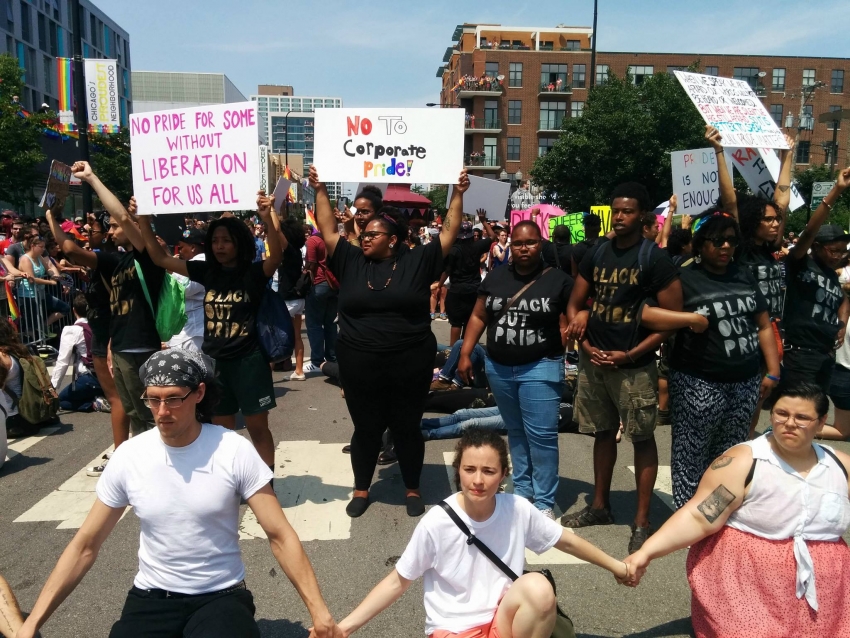 Photo of the 2015 BlackOut Pride Demonstration in Boystown during Pride Week in Chicago. 