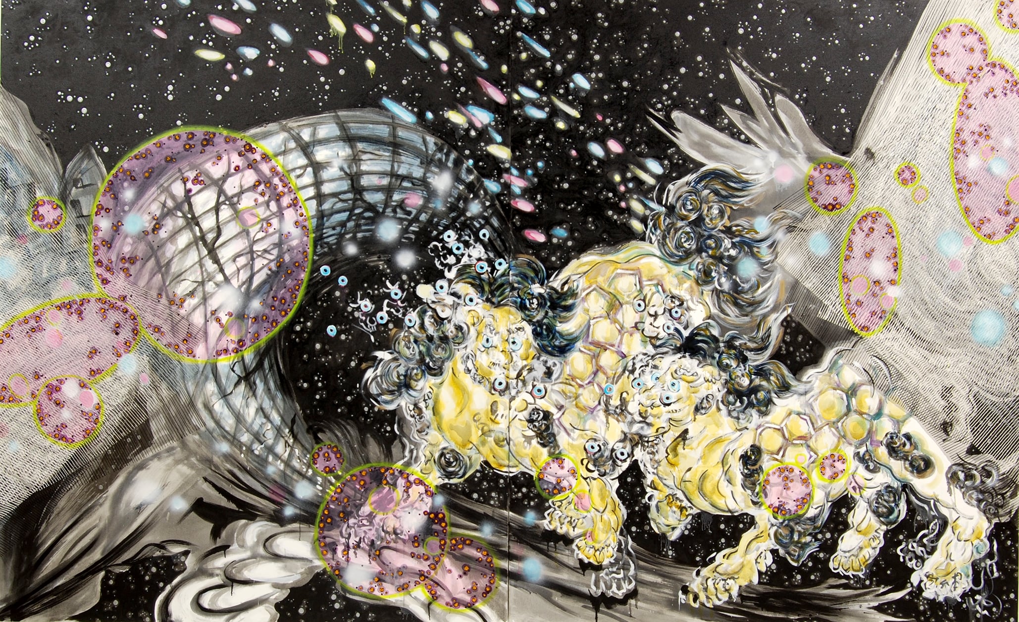 Image: "Cosmic Wanderlust" painting from Virtual Eitoku 2013 96"x154". Sumi ink & oil on canvas. Image courtesy of Michiko Itatani.