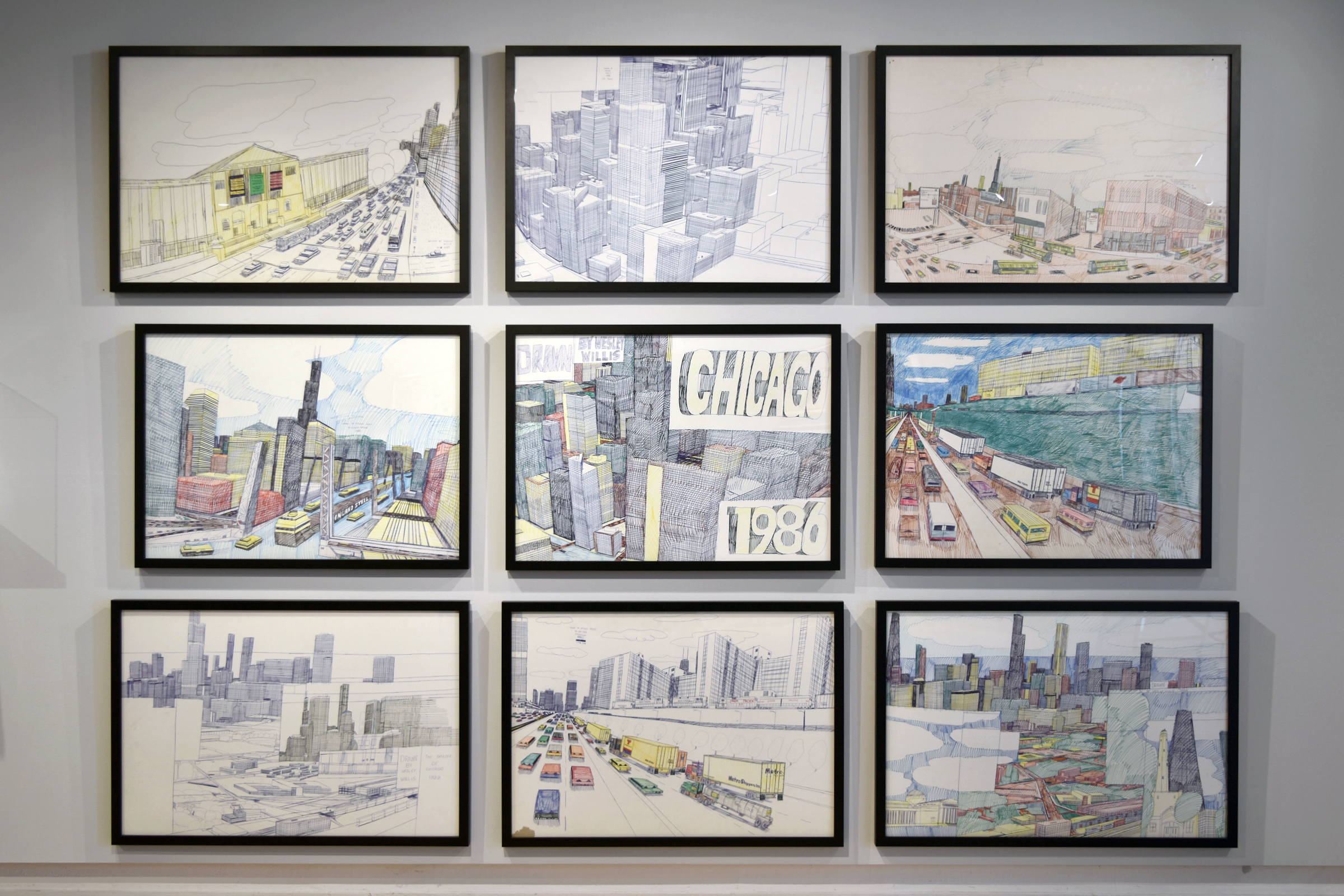 Wall of Wesley Willis works in the front gallery of Intuit.