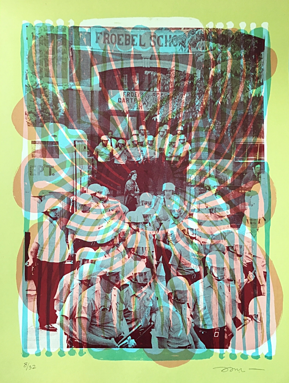 Image: Nicole Marroquin, After the Takeover at Froebel, 1973, silkscreen on paper, 18x24”, 2017. Swirling lines and shapes in blue, orange, and green ink are layered on top of an archival image of police officers assembled outside of Froebel School. Image courtesy of the artist.