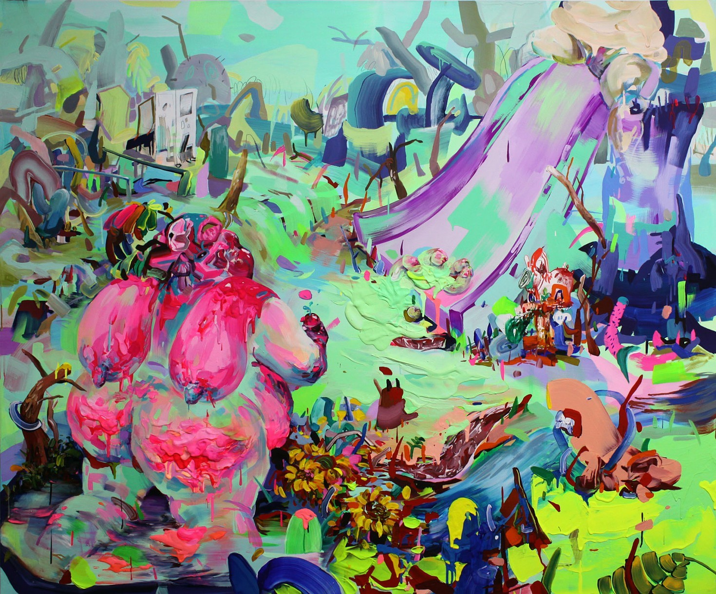 Image: "Booty Booby Call" features a very colorful, very neon painting. It is a landscape with various shapes with many colors including neon green, pink, red, purple and teal all around the composition. A colorful bright pink figure with breasts is facing away from the viewer on the left hand side. The breasts are thrown over the shoulders and resting on the back. There are sunflowers and trees surrounding the figure and dotted throughout the landscape. Image courtesy of the artist.