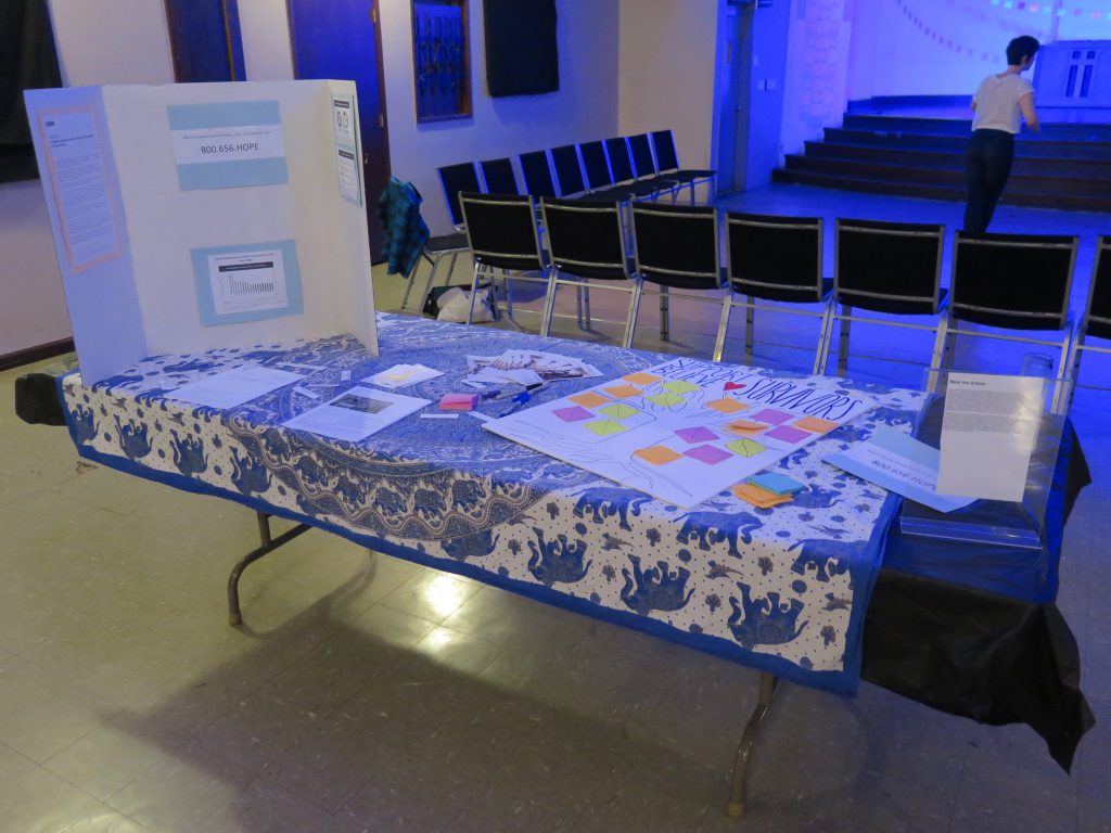 Image: The interactive display related to Lani T. Montreal and Maxine Patronik’s performance “Blood Memory,” at the Chicago Danztheatre Auditorium as part of the Body Passages culminating event. In the foreground, a table is covered with blue-and-white elephant-print cloth, a tri-fold posterboard, and various papers, including a large one that reads “SUPPORT BELIEVE ♡ SURVIVORS” and shows a drawing of a tree with colorful post-it note leaves. In the background, two rows of chairs and the front of the stage are visible, forming three sides of the square performance area, where one person is standing. Photo by Marya Spont-Lemus.
