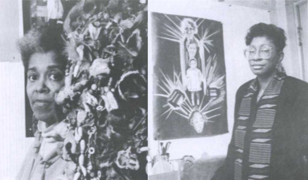 Black and white portraits of Marva Lee Pitchford Jolly standing slightly behind a textured artwork (left) and Felicia Grant Preston standing next to a large painting hanging on the wall (right), from the catalogue for the exhibition Divining: Sapphire & Crystals at Artemisia Gallery in February 1992.