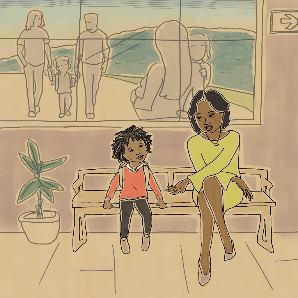 Image: Illustration from Missing Daddy by bria royal. The book's protagonist sits on a bench with her teacher. Out the window behind them, families stroll by. Image courtesy of the artist.