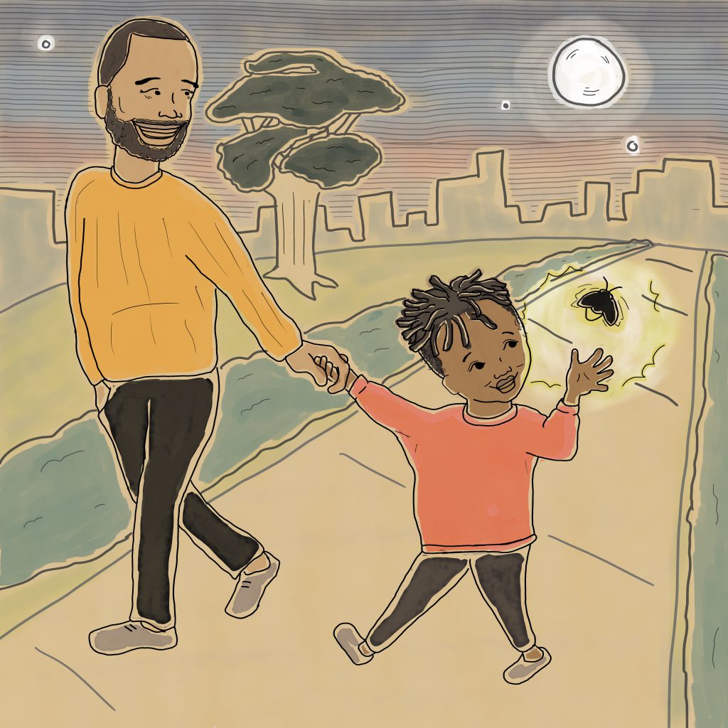 Image: Illustration from Missing Daddy by bria royal. The book's protagonist walks down a sidewalk holding hands with her father. They're looking at a lightning bug and smiling. Image courtesy of the artist.