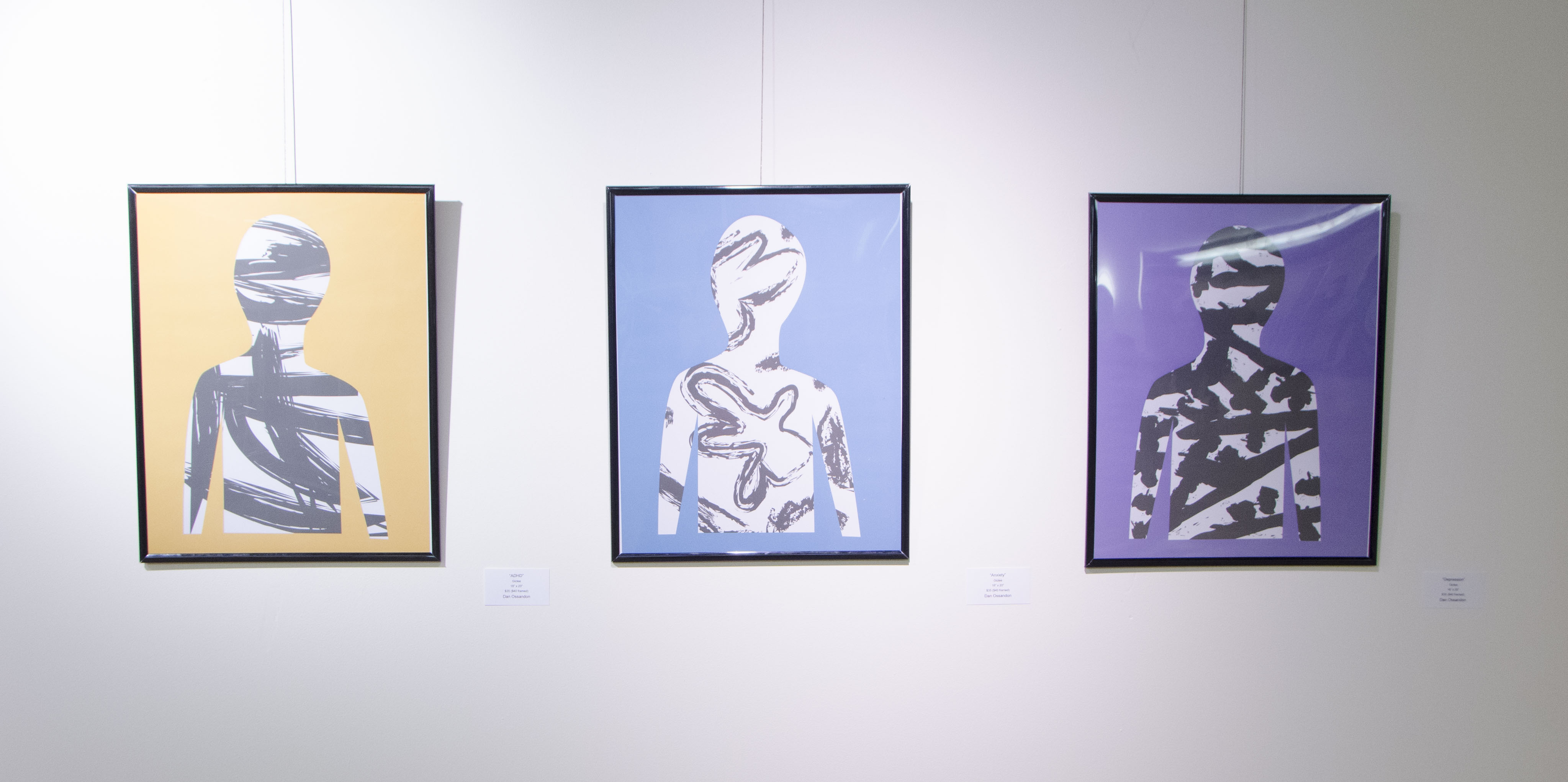 Three works by EAC member Dan Ossandon "Depression", "Anxiety" and "ADHD" All three are framed giclee prints. 