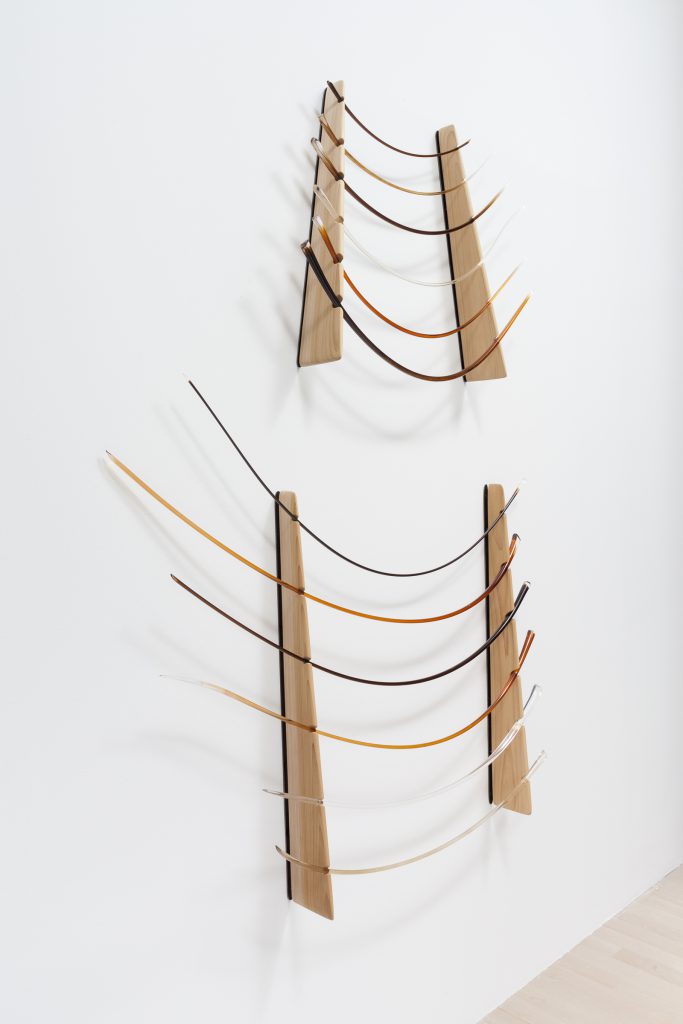 Image: A large sculptural piece hanging on the gallery wall. The materials include glass, hair, and wood. The glass objects, shaped like enlarged eyelashes, are placed inside of a nook in the wood. Photo by Robert Chase Heishman.