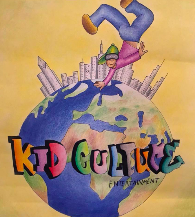 Image: A version of the Kid Culture logo. It features a youth doing a one-handed handstand on top of a globe, with a city skyline in the background. The words "Kid Culture Entertainment" are written across the globe. Photo courtesy of Patrick Pursley.