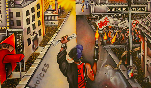 Image: The cover art for the first Kid Culture mixtape, "Choices." A young man is divided in half: his right half wearing a Chicago Bulls jersey and firing a gun, his left half wearing a graduation cap and gown and holding a diploma. Stateville Prison can be seen in the background on the right hand side, and university buildings can be seen on the left. Photo courtesy of Patrick Pursley.