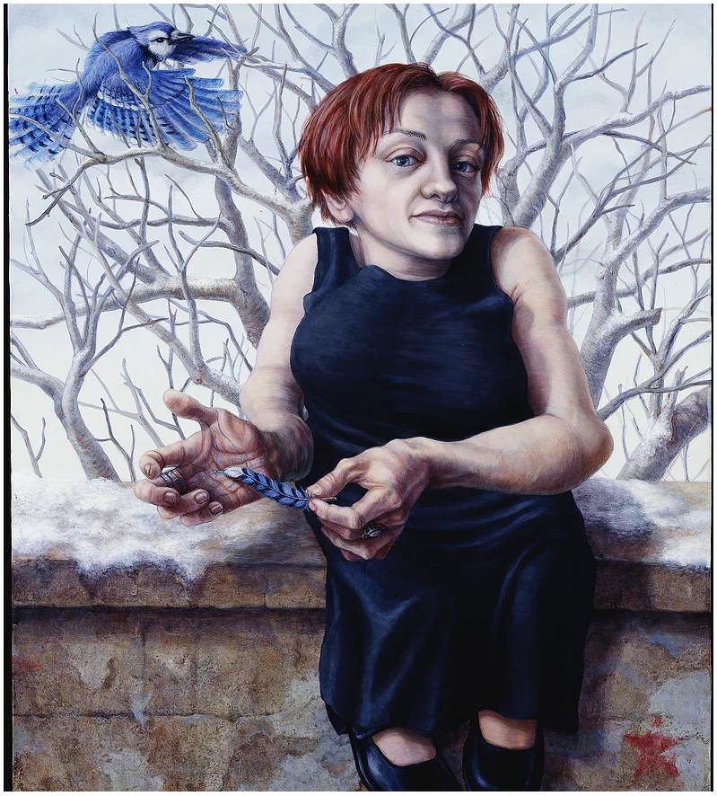 Image: A portrait painting of Rebecca Maskos. Rebecca has short auburn hair and is wearing a black sleeveless dress. She is seated on a stone wall, her feet dangling. She runs a single blue feather along her palm. Behind her is a wintry scene with a leafless tree and a blue jay flying in from the left. "Rebecca Maskos" by Riva Lehrer, courtesy of the artist. 
