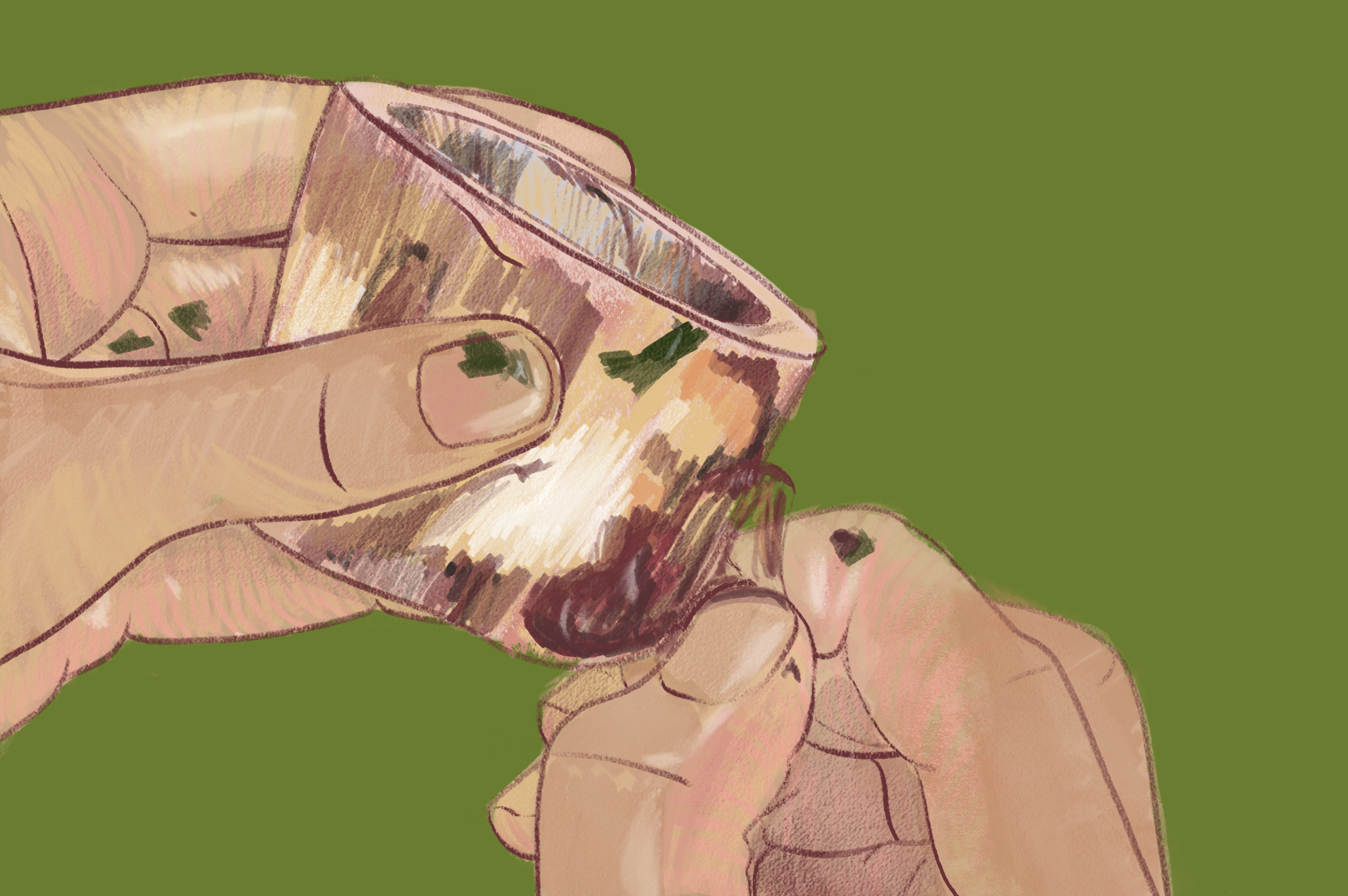 Image: Illustrated close-up of a pair of hands picking at meat and parsley remnants from a hollow bone in front of a flat olive-green backdrop. Illustration by Kiki Dupont.