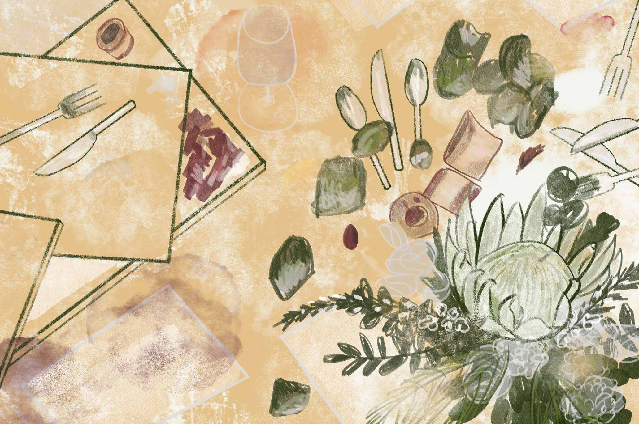Image: Illustrated image depicting the aftermath of the MARROW meal. The image views the carnage from above, looking down at a tan colored table. In the bottom right corner is a green bouquet of flowers with a big artichoke shaped one in the middle. Scattered around it are discarded artichoke leaves, silverware, and red stains from fruits and meat. Stylistically the image is as messy as what it portrays with brisk, simple lines. Illustration by Kiki Dupont.