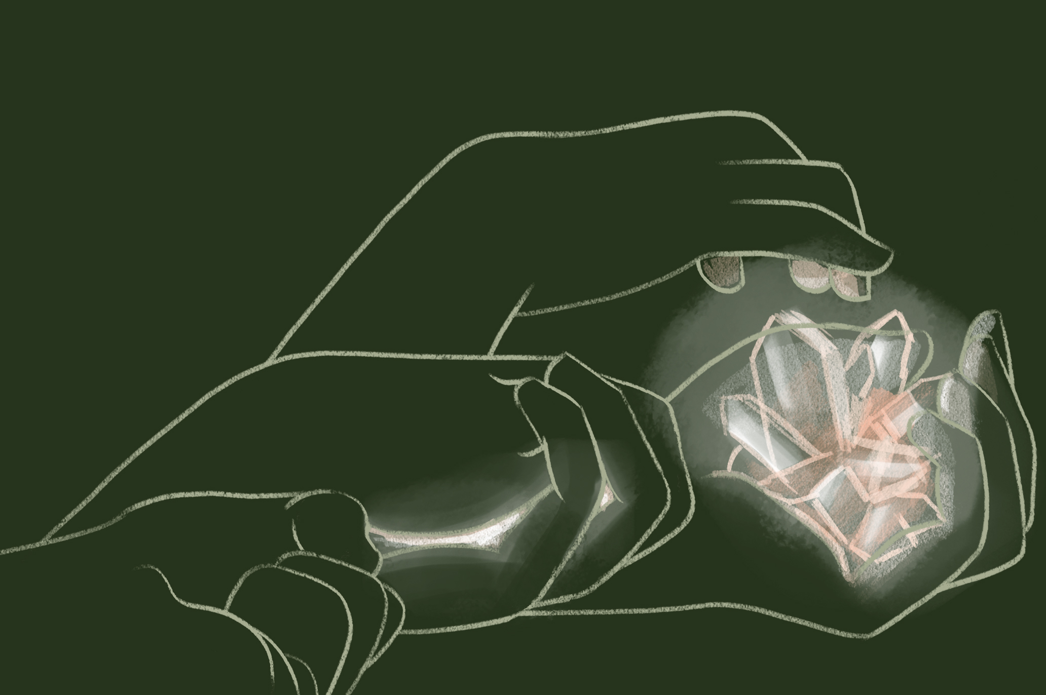 Image: An illustration of a three pairs of hands in progression from closed, slightly open, to fully open revealing many white, glowing crystals. The background is plain dark green and the lines of the hands are drawn in  white. Illustration by Kiki Dupont.