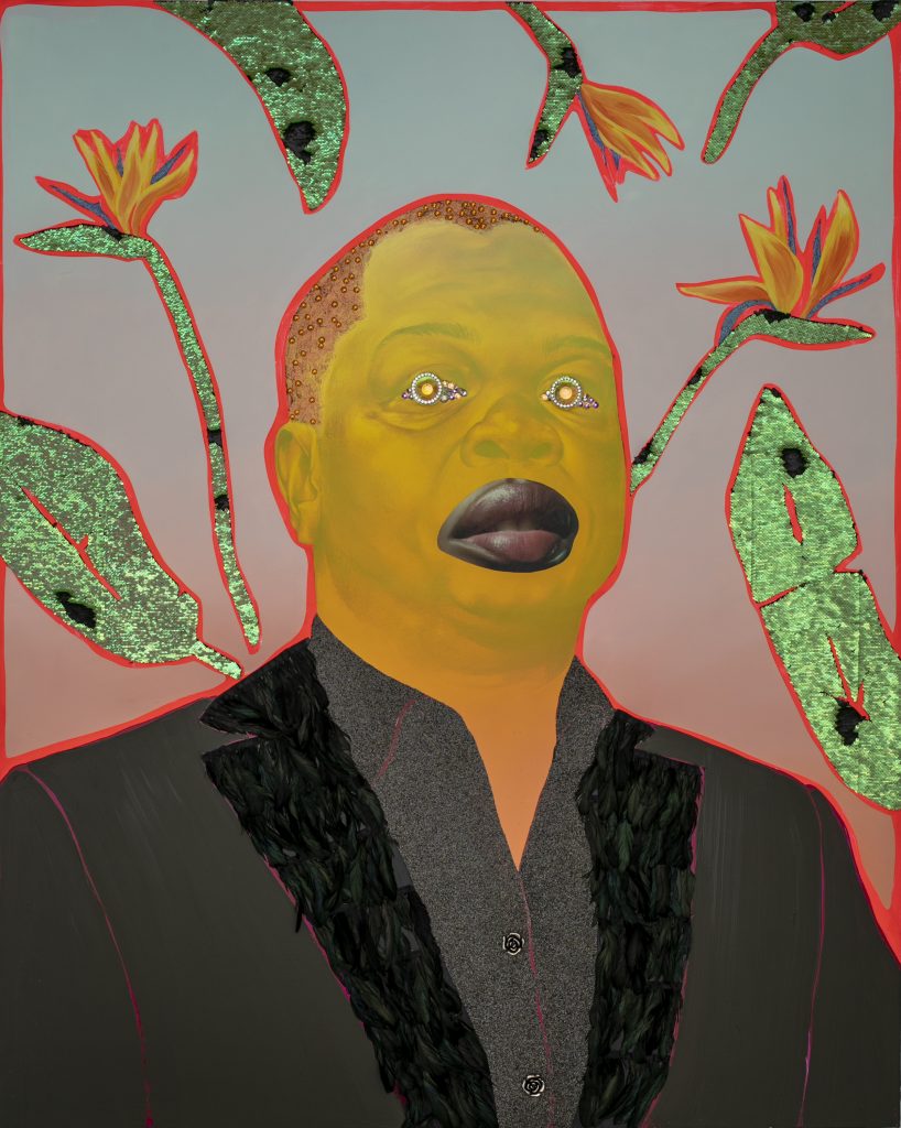 Image: Devan Shimoyama, “Kehinde,” 2018. Portrait of artist Kehinde Wiley. A single male figure is pictured from the chest up. The face is painted yellow, and he wears a black shirt and jacket. In the place of the eyes are colorful, glittery jewels. Behind him are seven leaves and flowers on a background that fades from red at the bottom to blue at the top. Image courtesy of the Smithsonian Institution Traveling Exhibition Service and the artist.