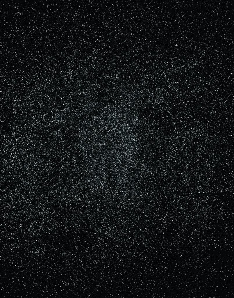 Image: Knowledge Bennett, “Black Excellence,” 2018. A large, black canvas appears to be covered in glitter or tiny white dots. It resembles a sky full of stars. Image courtesy of the Smithsonian Institution Traveling Exhibition Service and the artist. 