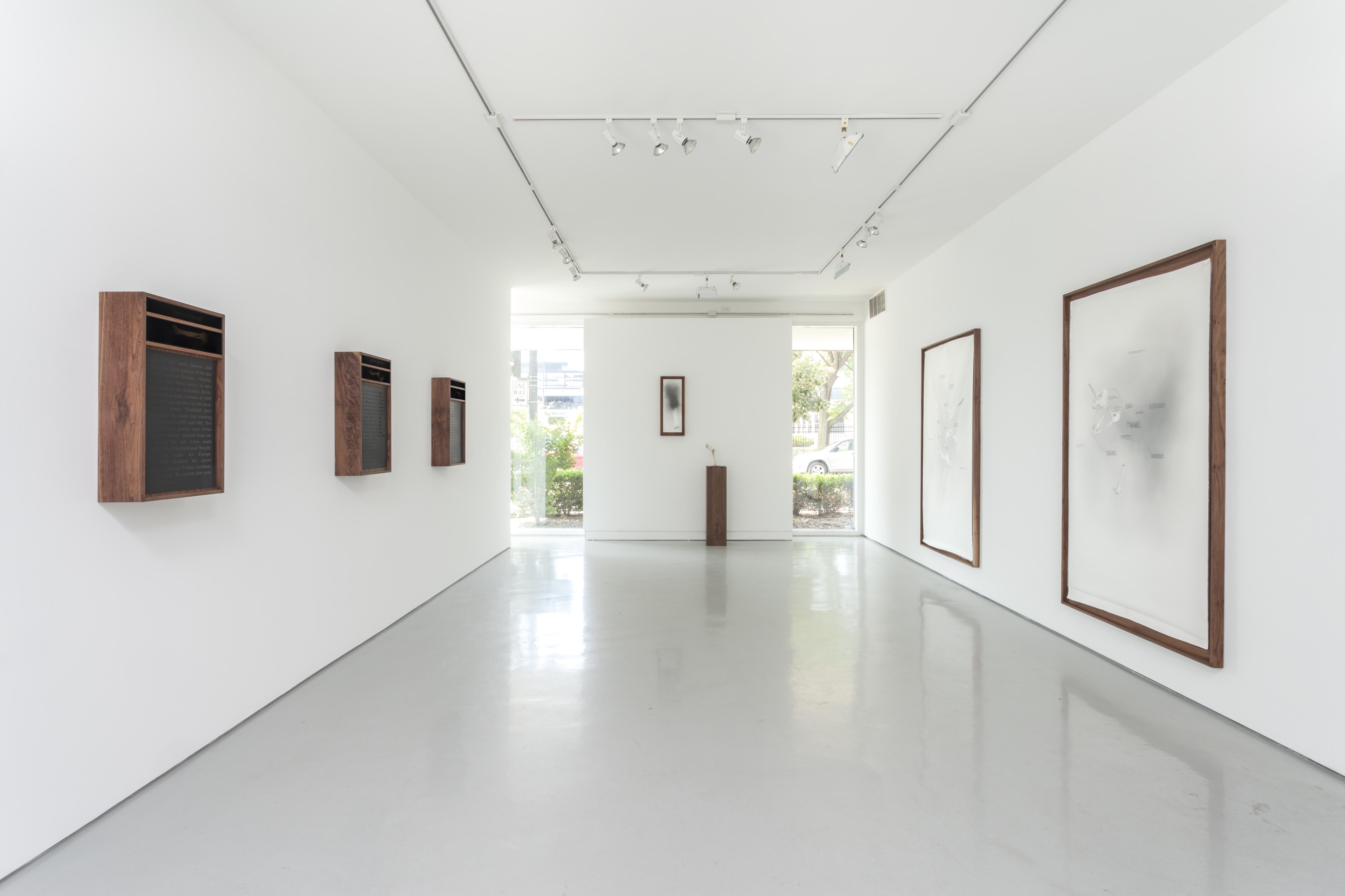 Installation View of Nate Young Exhibition. Six text and image artworks on white walls with one sculpture made of wood and bone.