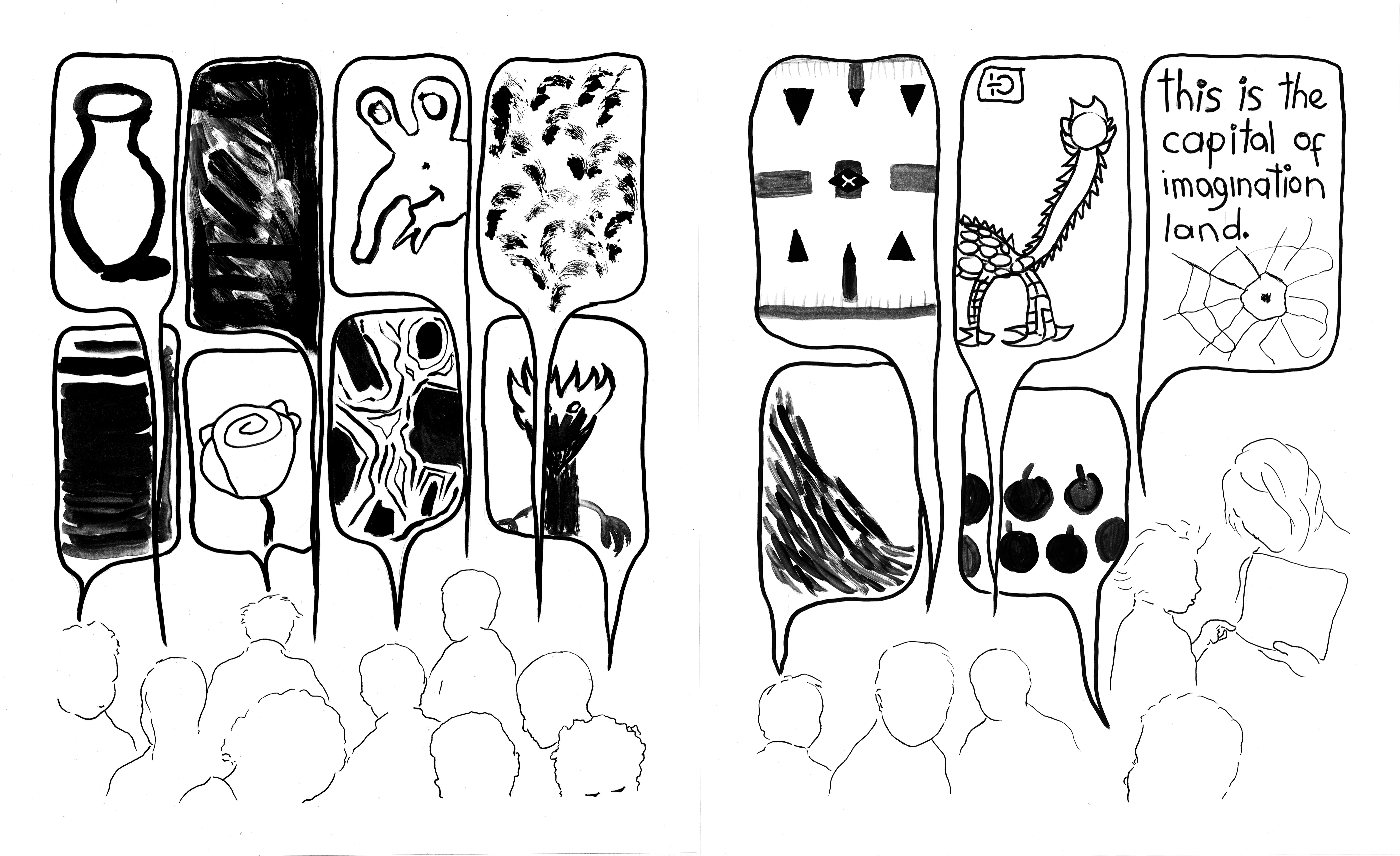 This is a two-page spread, together showing a continuous scene, with black drawings against a white background. Toward the bottom of the frame are outlines of several children’s heads, with their thought bubbles taking up most of each page. The thought bubbles depict a range of images with varying levels of detail. Some are concrete and perhaps recognizable images (such as a vase, a rose, fruits, alien- and dragon-like creatures, a cartoon character) and others are abstract (a swirl of black, layered stripes, gestural dabs, a set of symmetrically arranged marks, a slope of dash marks, an asymmetrical lined shape stretching within its bubble). The last thought bubble is connected to a child standing next to an adult and pointing at a paper; the thought bubble shows a spider web and includes the words “this is the capital of imagination land” in a child’s handwriting.