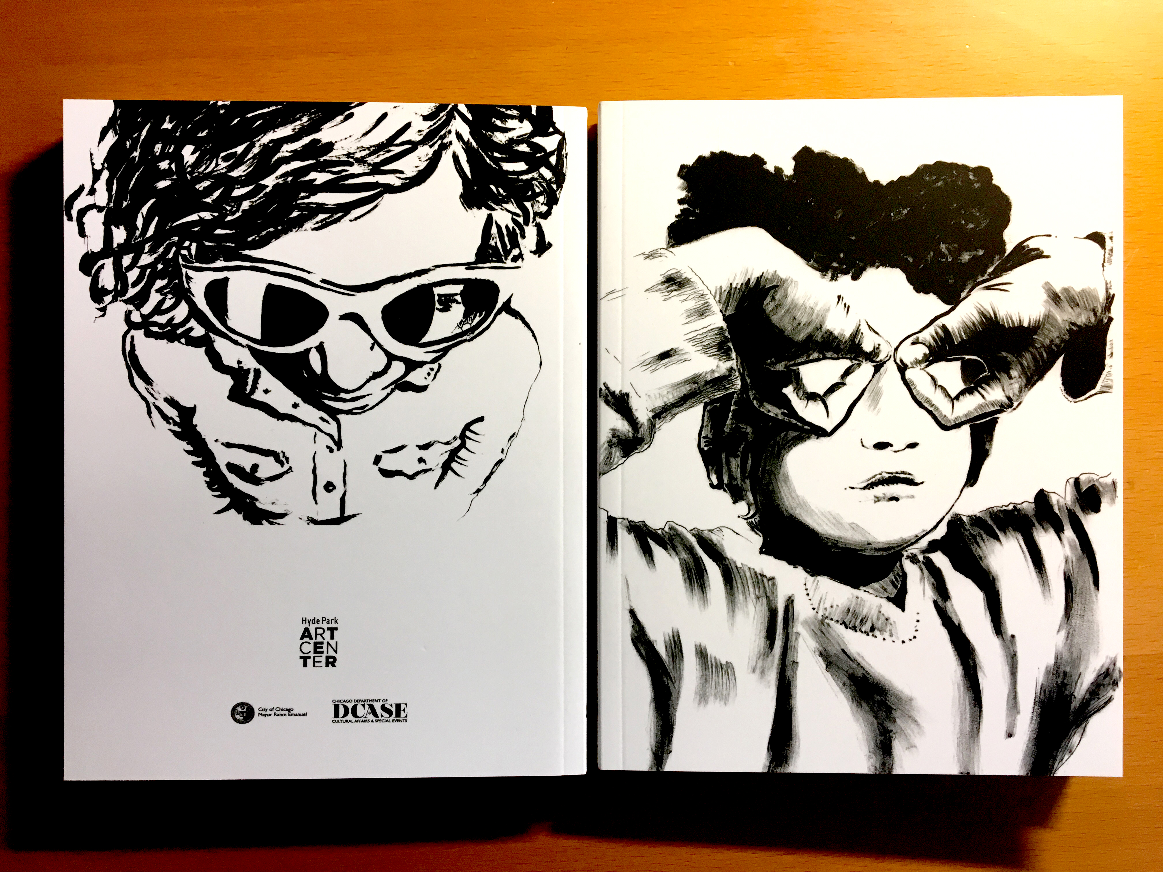 Two copies of the book lie side by side and flat against a wood background. The copy on the left shows the back cover, an ink drawing of a young girl from above, from her head to her abdomen and then fading into the background. She wears a button-up shirt and sunglasses, the left lens of which is cracked. Her left eye is partially visible. At the bottom of the back cover are logos for the Hyde Park Art Center, the City of Chicago, and the Chicago Department of Cultural Affairs and Special Events. The copy on the right shows the front cover, which is an ink illustration of a young boy in close-up, straight-on, showing his face, chest, and parts of his arms. He wears a long-sleeved shirt and his hands are flipped upside-down over his eyes to form goggles, of sorts, with each thumb and forefinger. Courtesy of the artist.