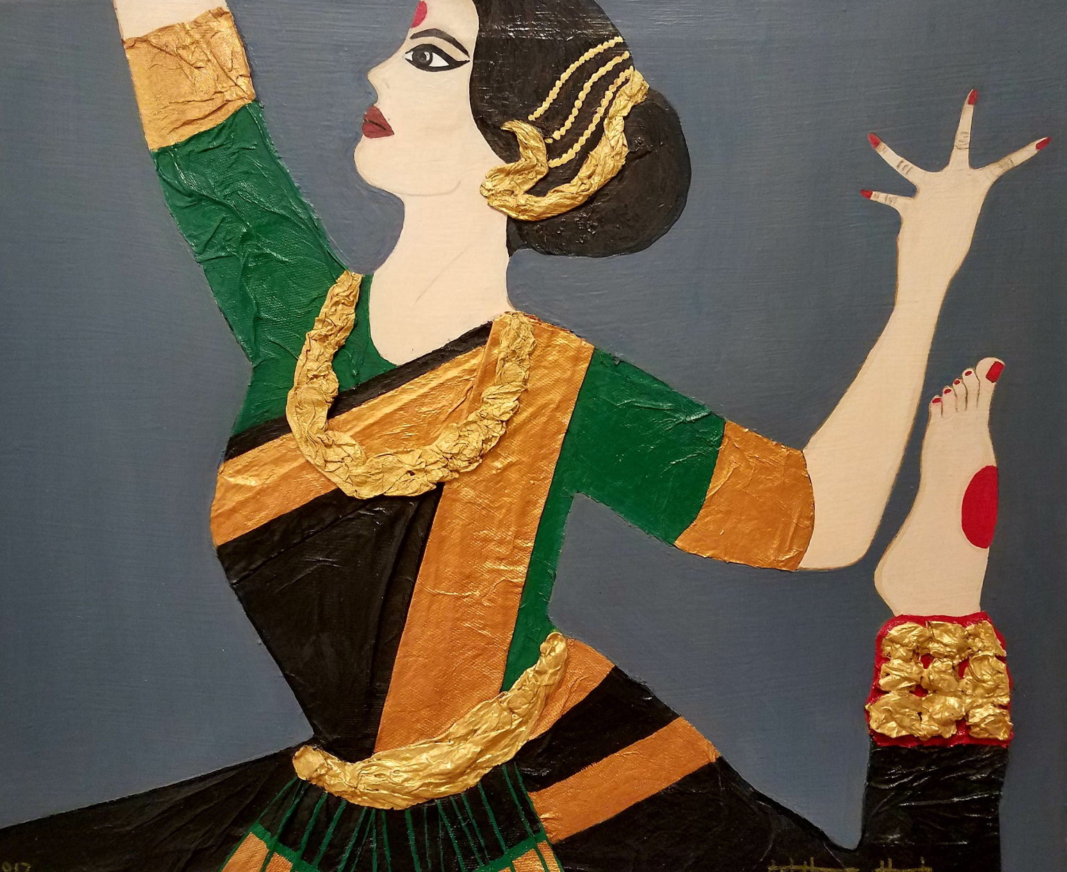 Grishma Shah's "Devadasi," courtesy of the artist and Chicago Public Library. Image description: a collage illustration of a dancer in profile. She gestures with her hands and one foot kicks up and into the frame. She is wearing a black and green sari trimmed with gold and gold jewelry.