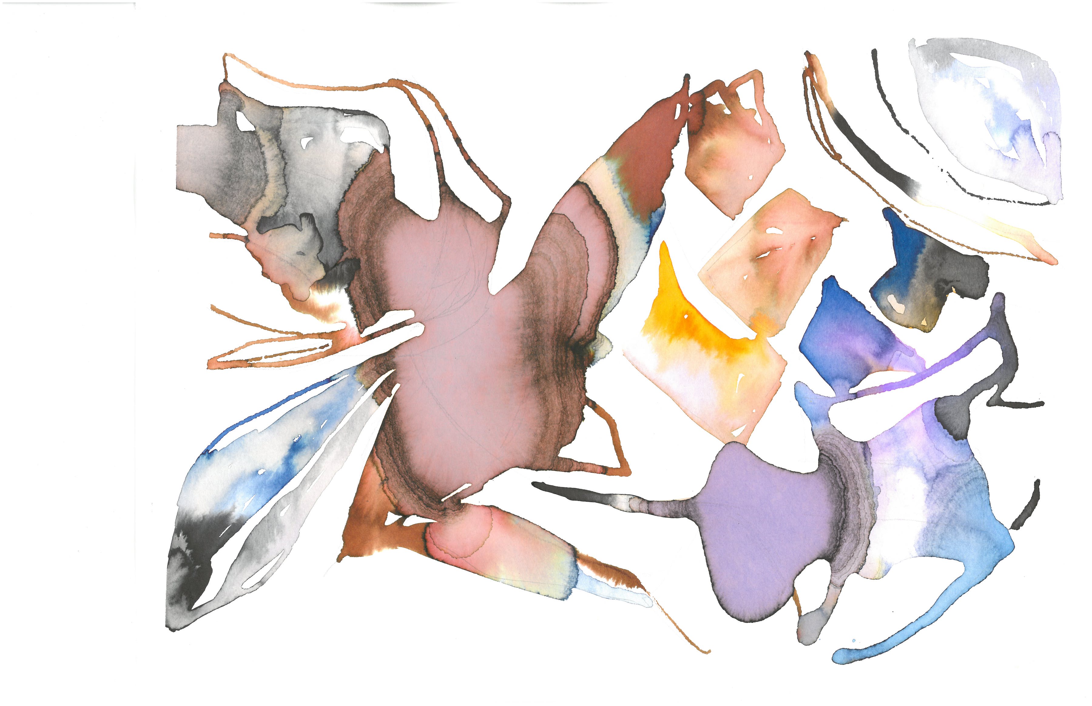 This image is of a white piece of paper with colorful, gestural, abstract forms. Most forms are multifaceted, comprising large bulbs of color as well as thinner streaks. Some larger, multi-faceted shapes connect with each other, and others are free-standing. Colors are not solid, but rather shift and combine and gradeate within each shape.