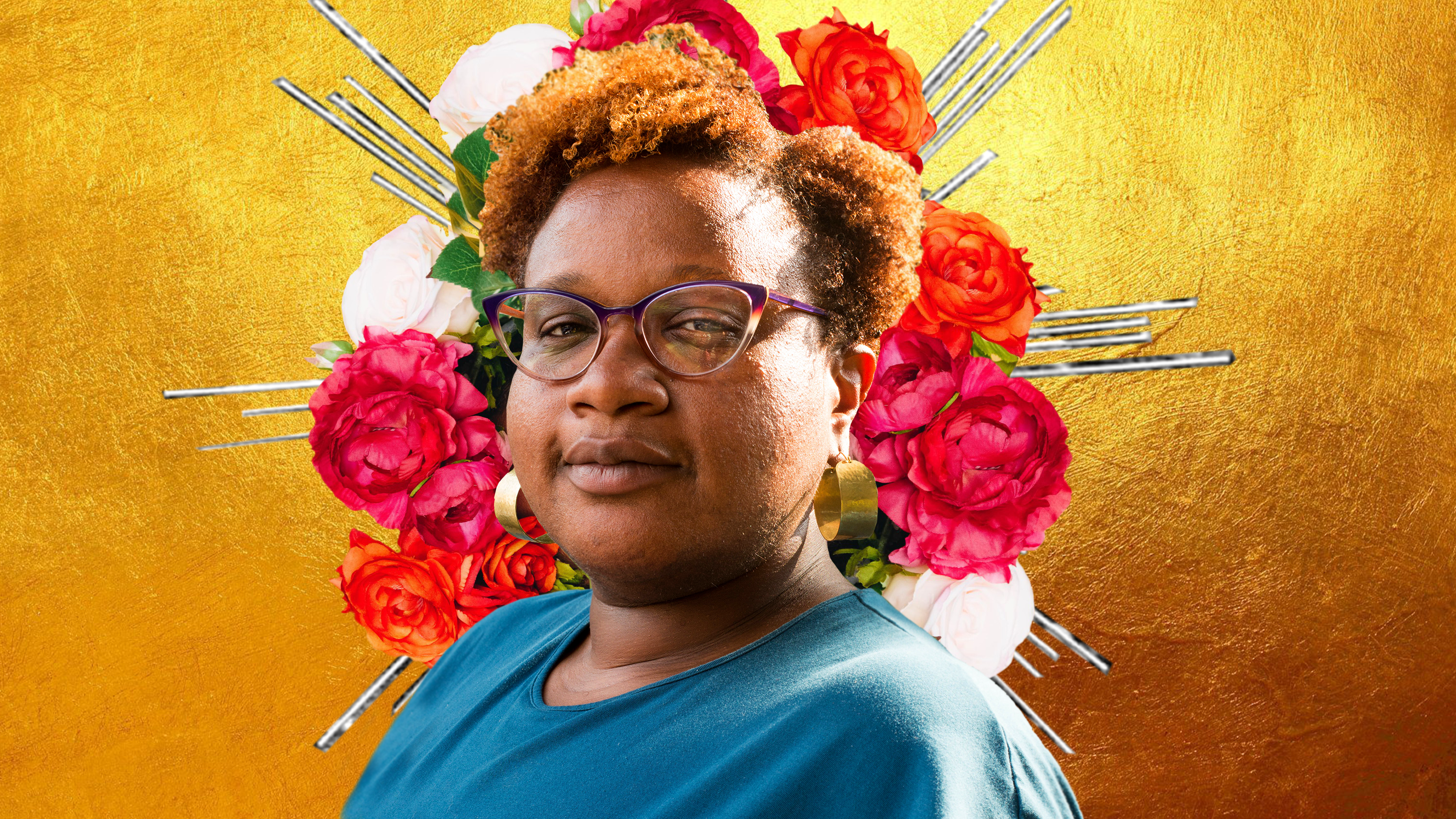 Image: Portrait of Erin Glasco wearing a teal dress, copper hoop earrings, purple glasses and a slight smile on their face. Behind them is a bouquet of pink, white, and red flowers. The image is super-imposed on a textured golden background. This digital collage and the portrait were created by Ireashia Bennett, who will create a series of portraits with added flair and personality.