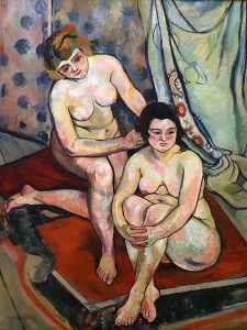 Image: Suzanne Valadon, Les Baigneuses, 1923. An oil painting on canvas depicts a naked woman helping another naked woman wash her hair.